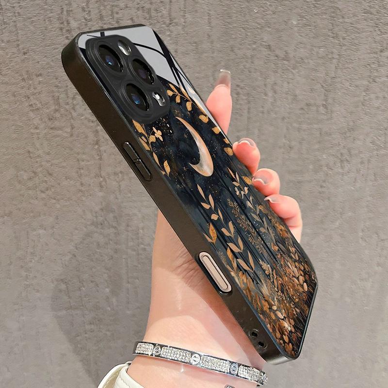 Minimalist Grass Jungle Moon Pattern Tempered Glass Phone Case For iPhone 16 15 14 13 12 11 17 Pro Max 16E 7 Plus XR XS X Cover