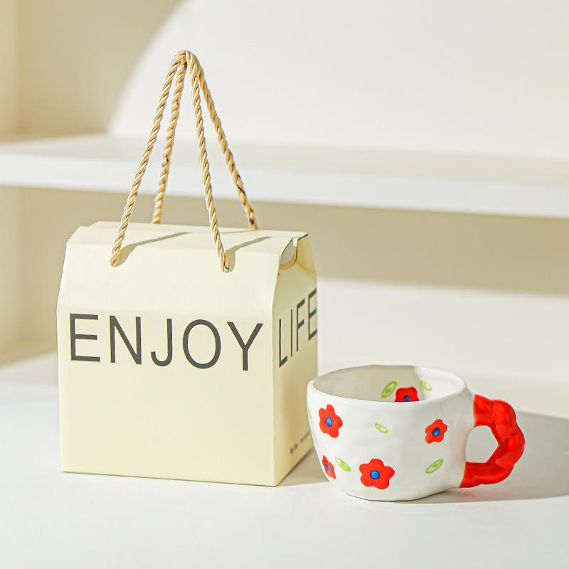 Retro Hand Painted Flowers Handmade Irregular Cute Cup Ceramic Coffee Cup Design Sense Coffee Cup Household Water Cup