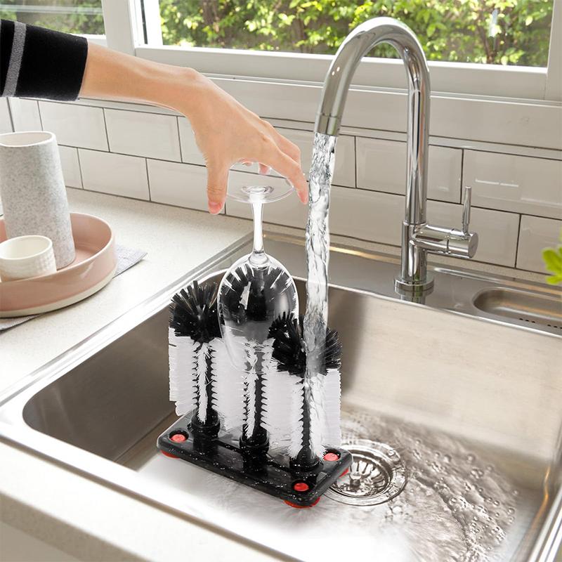 Water Bottle Cleaning Brush Glass Cup Washer With Suction Base 3 Head Bristle Brush For Beer Cup