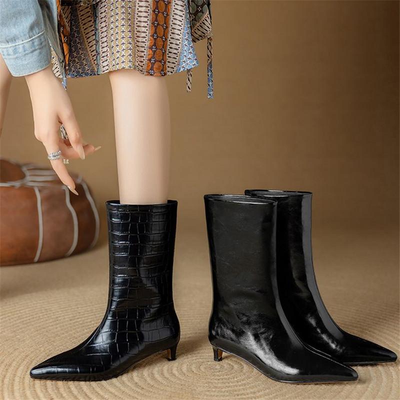Fashion New Autumn Winter Split Leather Women Boot Mid-calf Boots for Women Pointed Toe Fashion Boot Handmade Black Boots Stiletto Heels