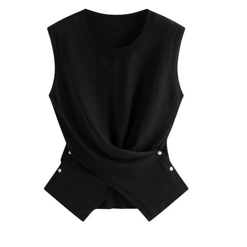 French-Style Elegant Design Pleated Waist-Cinching Sleeveless Knit T-Shirt for Women, 2025 Autumn New Versatile Slim-Fit Top