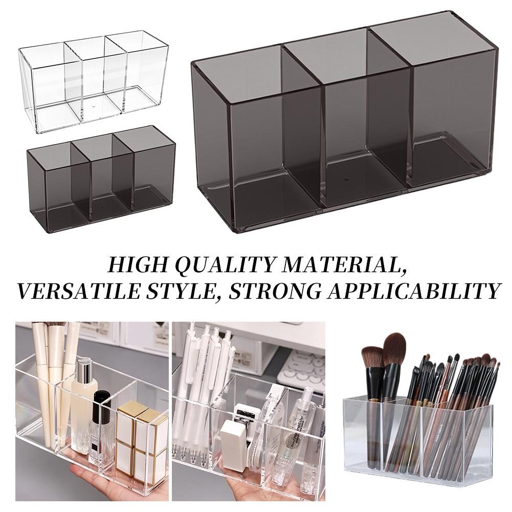 Acrylic 3-Compartment Makeup Organizer, Transparent Plastic Makeup Brush Holder, Bathroom Storage Solution for Makeup Brushes