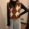 Women's Green Y2K Vintage Knitwear Sleeveless Argyle Knit V-Neck Blouse Tops Vest Sweater Korean Style Cardigan For Women
