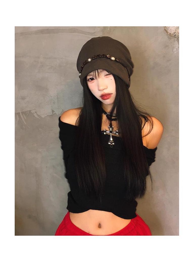 2025 Czapka typu slouchy w stylu koreańskim z koralikami: Damska prosta czapka beanie na wiosnę/jesień dla dużego obwodu głowy