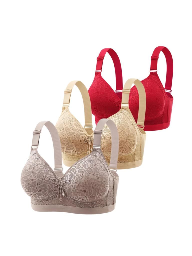 3 Pezzi Elegante Reggiseno in Pizzo Floreale - Ultra-Comodo, Traspirante, Intimo Push-Up da Donna - Lingerie e Intimo Squisiti per l'Uso Quotidiano