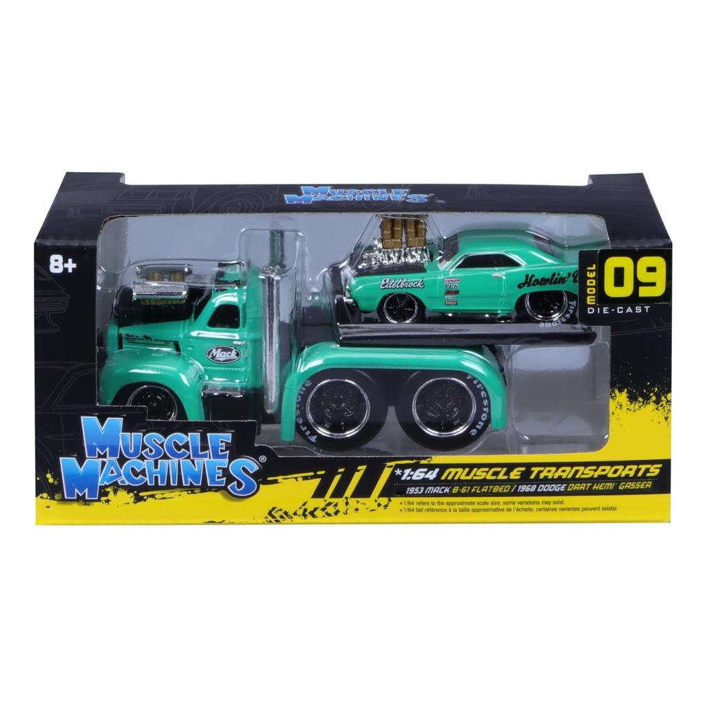 Maisto 1/64 Scale Muscle Machines Muscle Transporter Diecast Model Car (1953 MACK B-61 Flatbed / 1968 Dodge Dart HEMI Gasser - Green 11542)