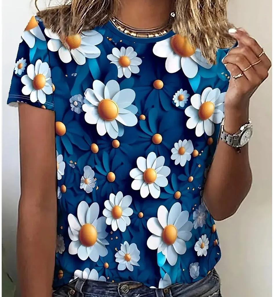 XXS-6XL Plus Size T-shirt for Women's Summer Fashion Beautiful Flowers Printed Casual Short Sleeved Crew Neck Tops Tees Clothing