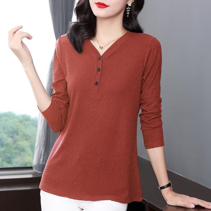 

Loose Solid Color Simplicity Comfort Versatile Comfort Leisure Refreshing V Neck Long Sleeved T-shirt Women s Top Autumn 2024 5XL червоний