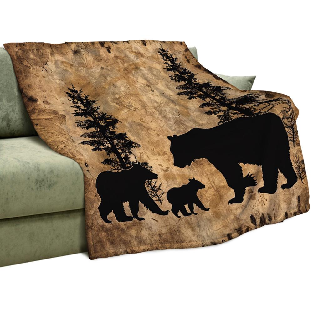 Minimalist Vintage Bear and Forest Print Throw Blanket for Sofa, Bed, Cabin Decor, and Nature Lover Gift