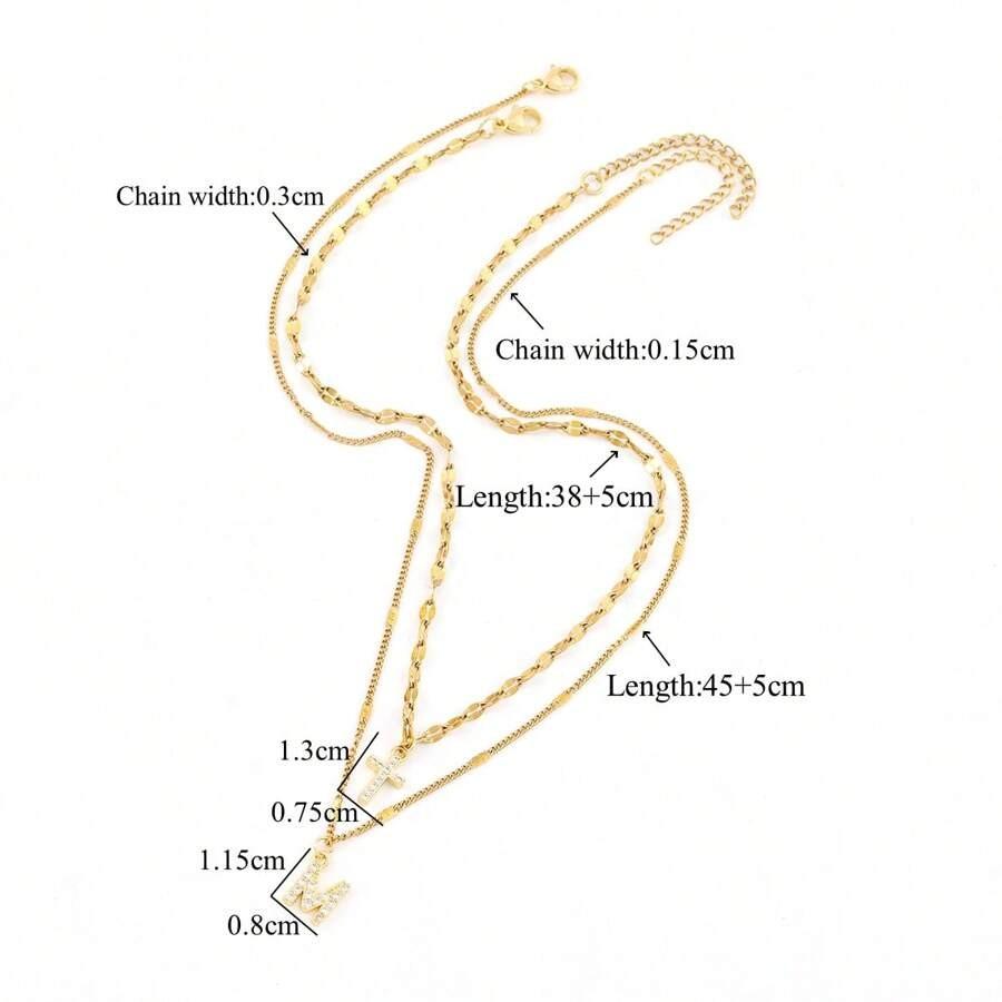 

Double Layered Cross & Letter Pendant Necklace Elegant Gold Color Chain Shiny Rhinestone Versatile Necklace For Women