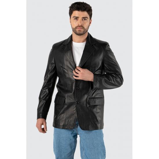 

Мужские куртки Черный блейзер из натуральной кожи с вышивкой Punto Regular Fit