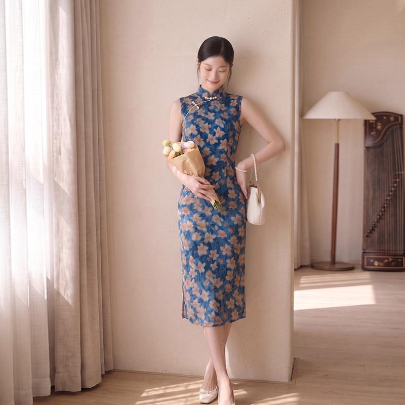 Niebieski bez rękawów styl narodowy nowy chiński codzienny Suzhou długa qipao ulepszona młoda 1011 nowa damska wysokie poczucie