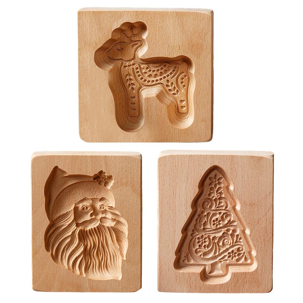 2/3PCS Christmas Wooden Cookie Molds Wooden Cookie Biscuit Molds Carved Wooden Biscuit Cutter for Kitchen DIY Decorating Tool