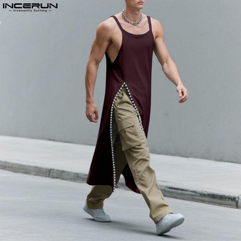 INCERUN Men Strap Sleeveless Beading Splits Long Tunic Tank Tops