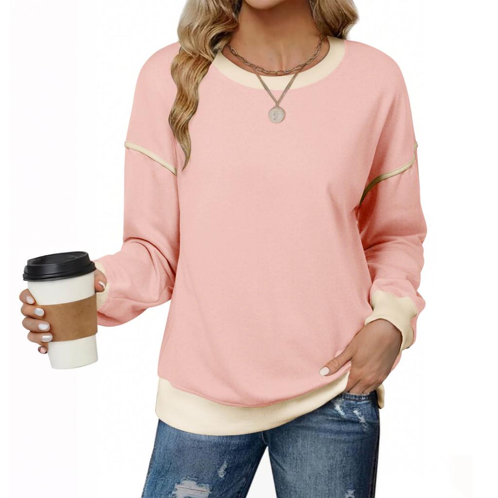 Women's Fashionable Round-Neck Wool Blend Long-Sleeve Color-Blocked Oversized Top