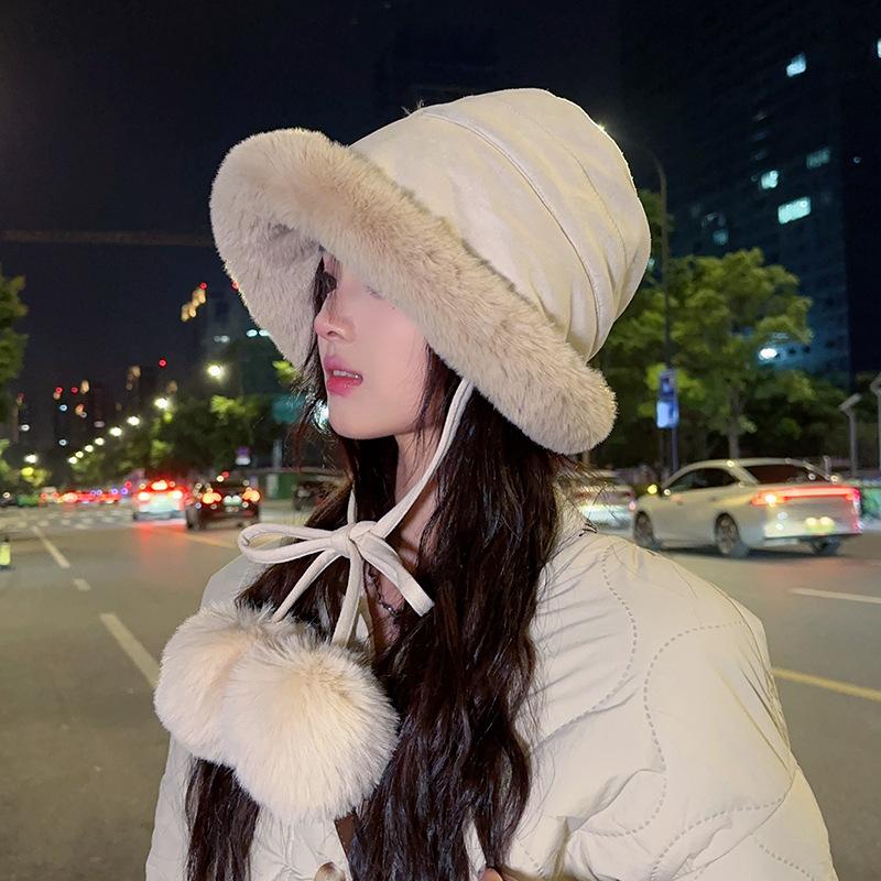 Cute Fur Ball Suede Fisherman Hat for Women In Autumn and Winter Thickened Velvet Warmth and Cold Protection Ear Protection Hat Plush Pot Hat