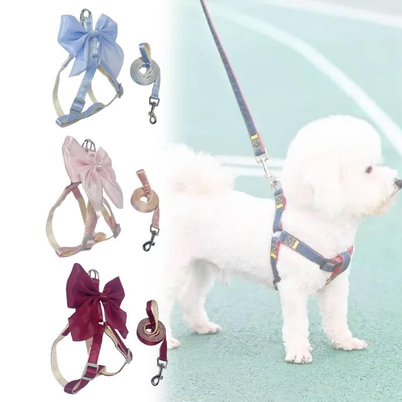 Pet Dog Leash Set With Bright Silk Large Bowknot Chest Harness For Small Dogs And Cats