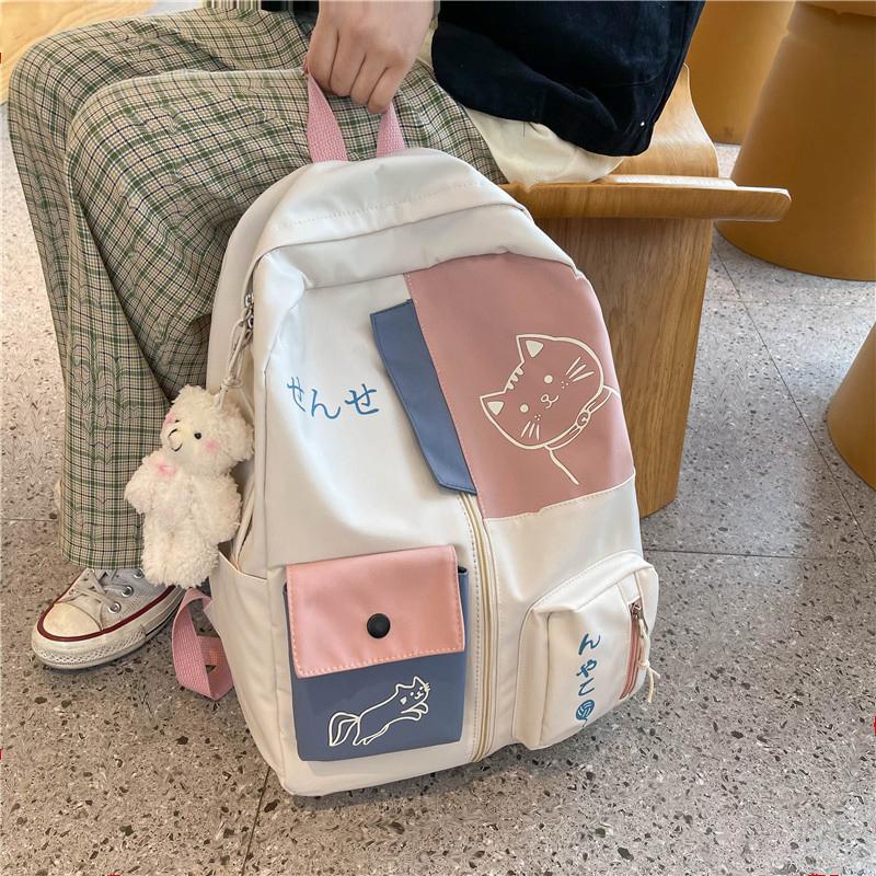 Cute Cat Print Backpack for Girls Large Capacity Student School Bag Leisure Travel Multi Functional Backpack Portable Boy Schoolbag