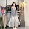 Blue lace suspender floral dress women's summer temperament is beautiful seaside vacation high-end wear suit long dress