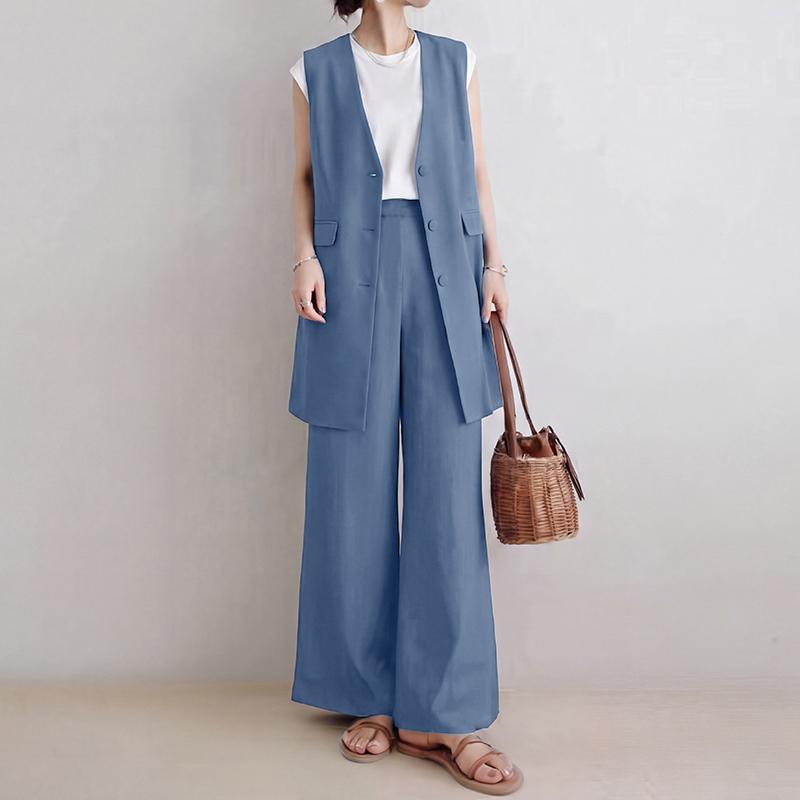 ZANZEA Women Sleeveless Long Vest and Long Pants Casual Two Piece Suit Sets