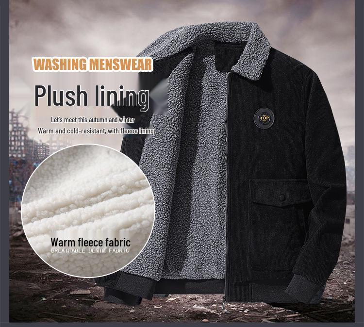 Męska kurtka sztruksowa plus size - Podszyta polarem, kołnierz wykładany na wiosnę i jesień, do noszenia na co dzień