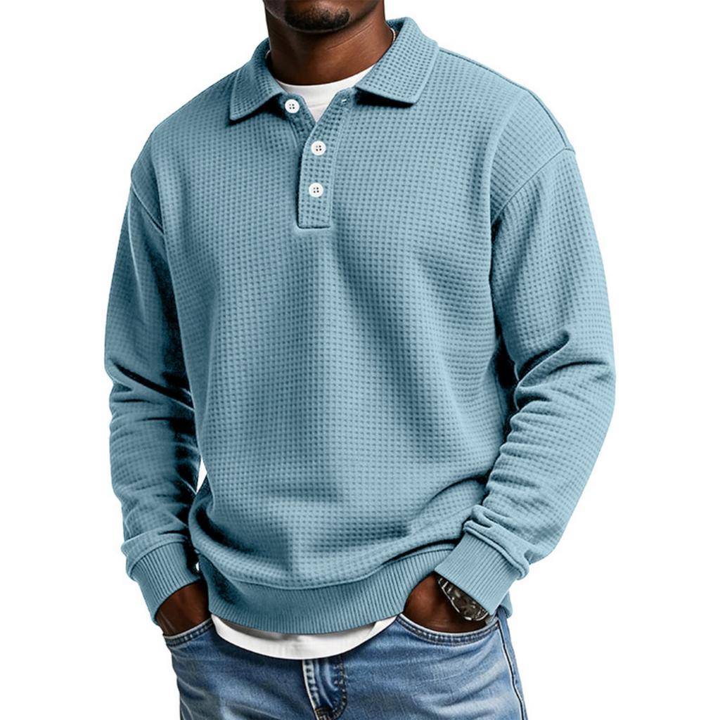 Men's Casual Long Sleeve Waffle Knit Polo Shirt Button Collar Pullover Lightweight Comfortable Fit Layering Top