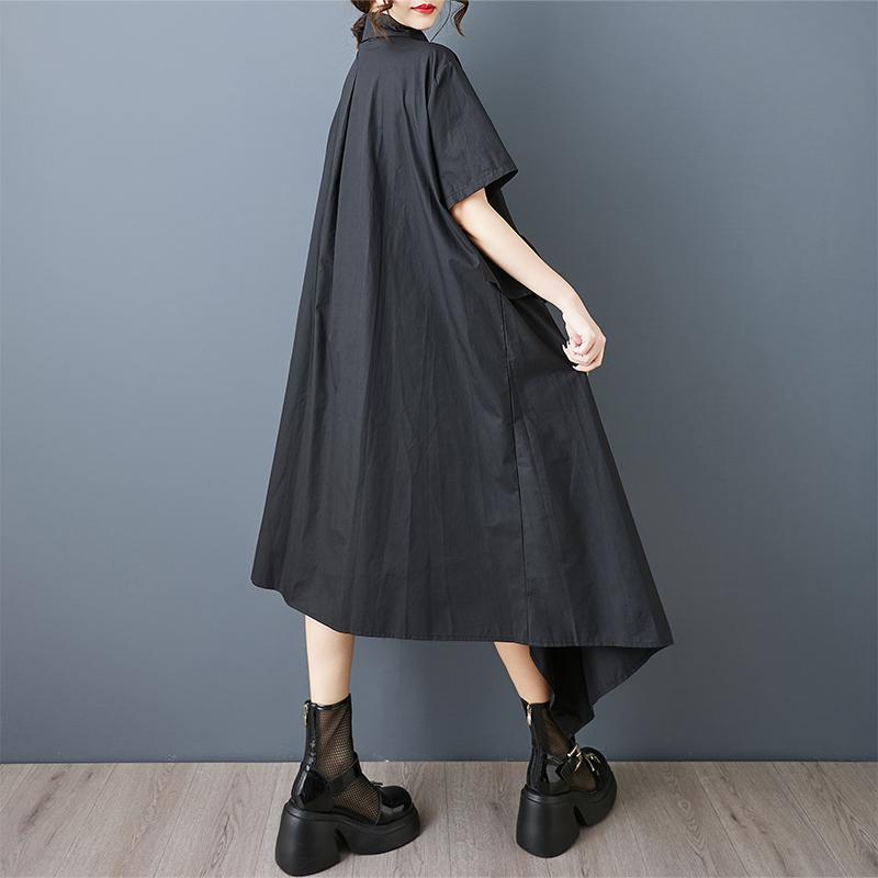 Černé bavlněné vintage šaty s krátkým rukávem ve velkých velikostech pro ženy, ležérní volné dlouhé letní košilové šaty