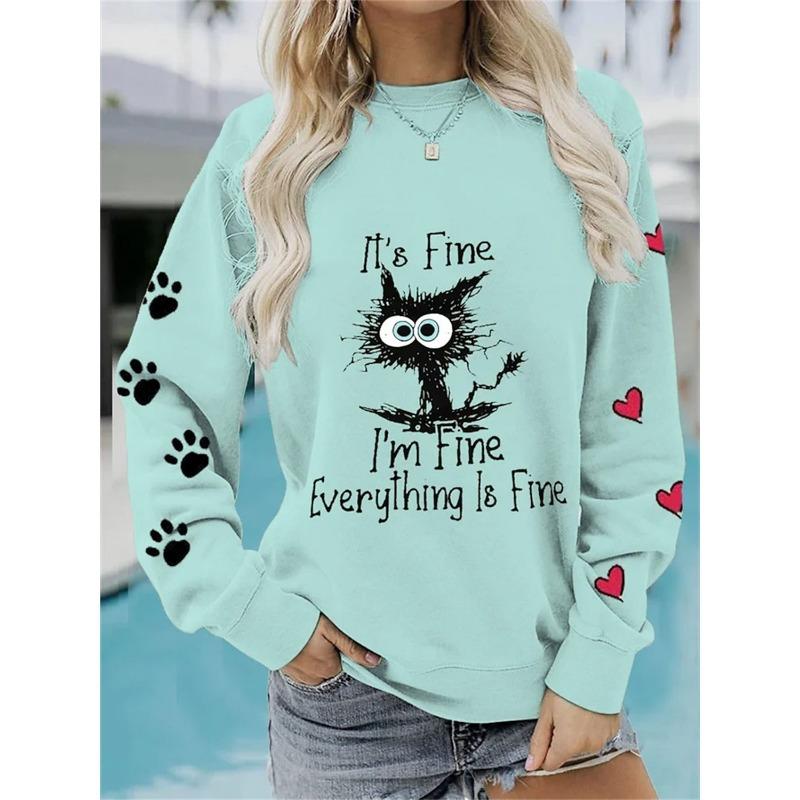 Damen Sportpullover lässig europäische Größe täglich Straße Katzenprint Rundhals plus langärmeliges Sweatshirt
