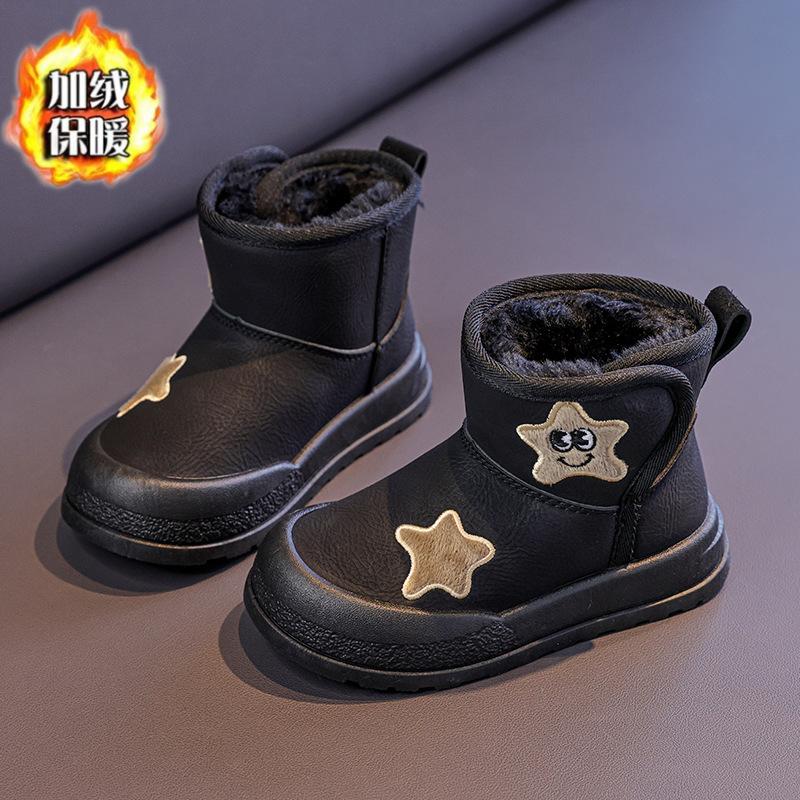 

Girls solid color fleece-lined thick snow boots, winter cotton boots, non-slip, waterproof, soft-soled, boys short boots for small, medium, and 31-37Code one hand7Double чорний