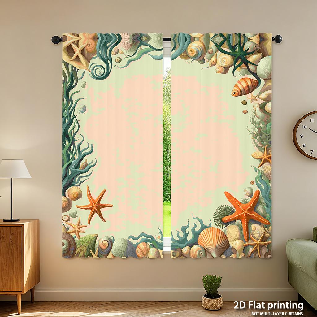 Piece Set High Definition Digital Printed Curtainsseafloor Themed Pastel Color Sea Creatures Border Patternhome Decoration Curtain Polyester