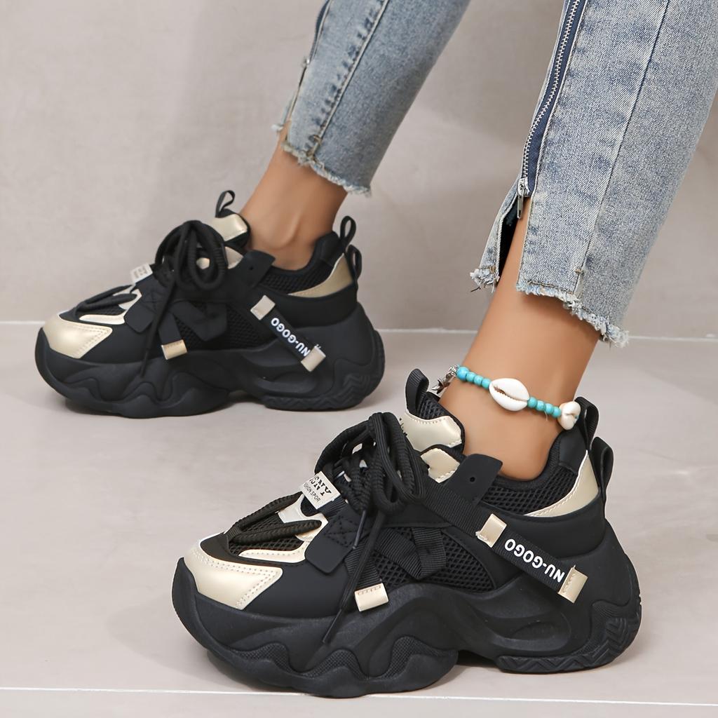 [Colorblock Mesh Women's Sneakers] Women's Colorblock Mesh Sneakers, Lace Up Soft Sole Platform Casual Heightening Shoes, Low-top Breathable