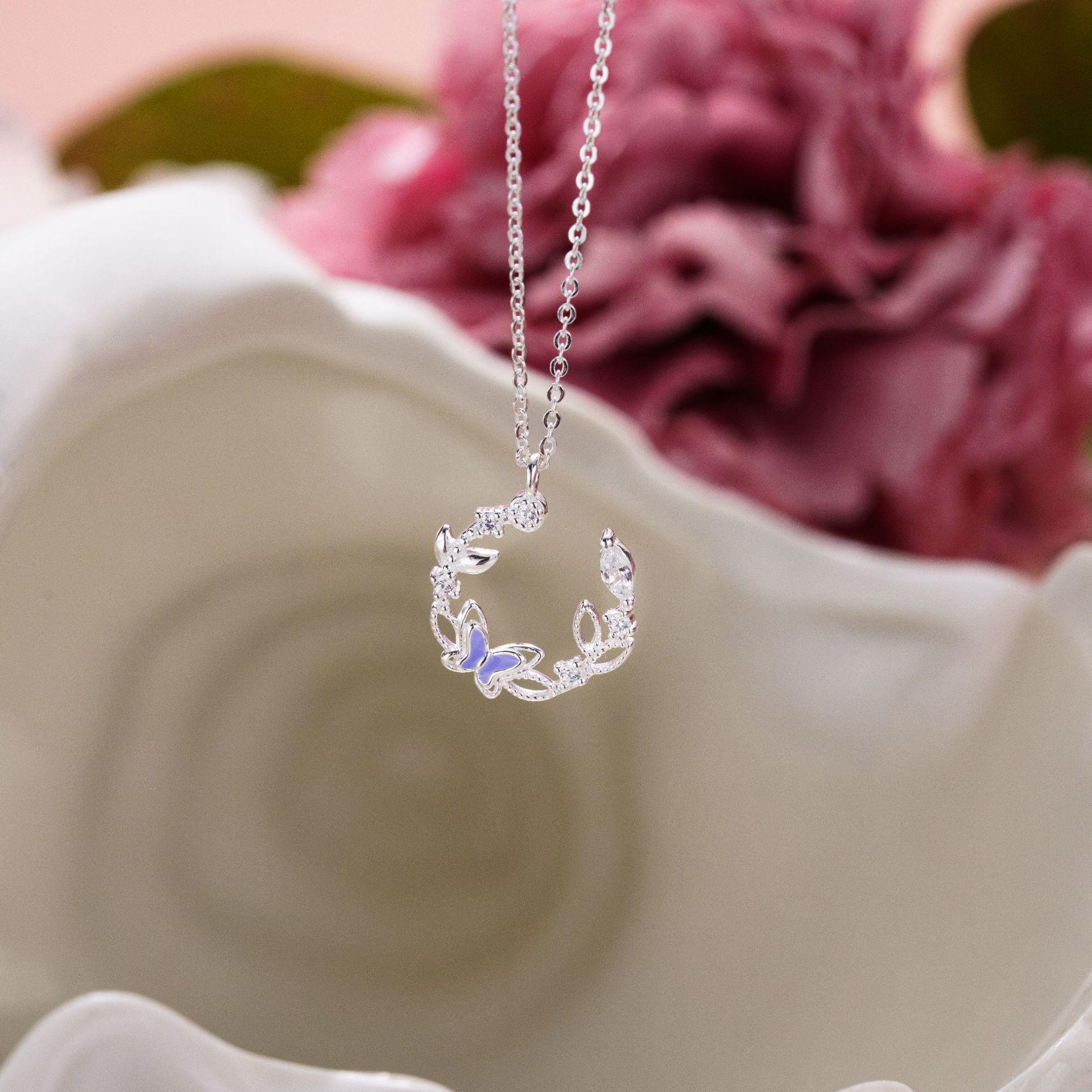 

S999 Pure Silver Fairy Butterfly Wreath Necklace - Versatile Mori Girl Evening Style Clavicle Chain S925 срібний