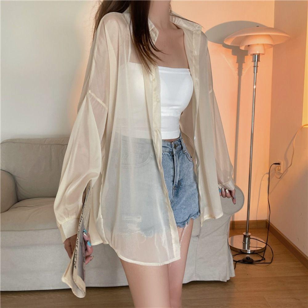 Solid Color Women Shirt Blouse Thin Female Loose Cardigan Summer Fashion Long Sleeve Top