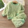 Children's autumn and winter flange pajamas suits Korean version boys plus velvet thick home service girl warm underwear suit