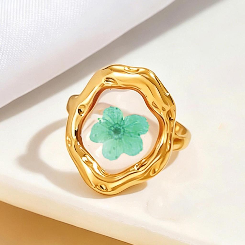 Bohemian Stainless Steel Dried Flower Ring with Transparent Drip Oil for Women