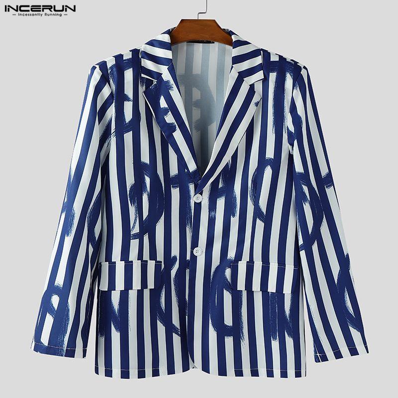 INCERUN Oversized Spring Men Lapel Neck Long Sleeve Striped Button Thin Blazer Coats