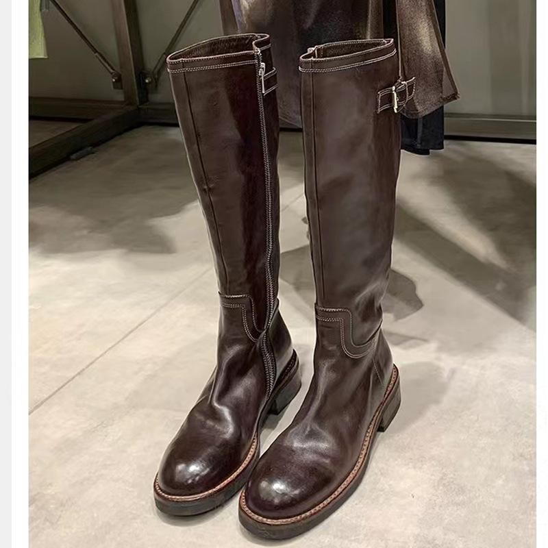 Genuine leather thick soled long boots for women 2026 British style knight boots retro slimming side zipper high top boots
