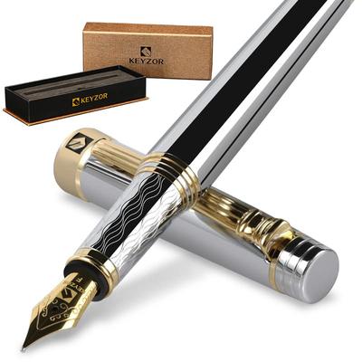 Keyzor Luxury Fountain Pen Fancy Silver Pen with 24K Fine Converter Gift Smooth Writing Pen for Women Men - Gold-Plated Nib, Dual-Use, Case,