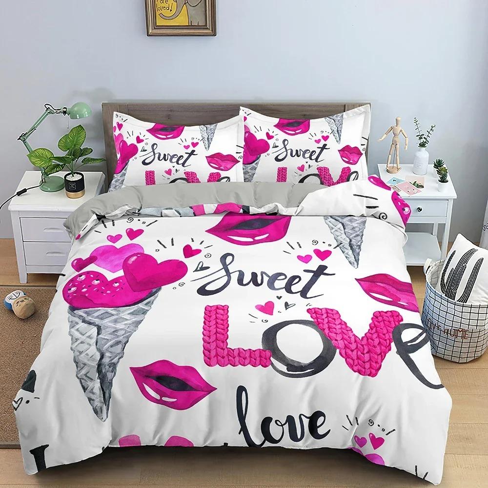 Breathable Modern 3D Love Heart Valentines Gift for Girls Women Couples Soft Polyester Home Textile King Queen Quilt