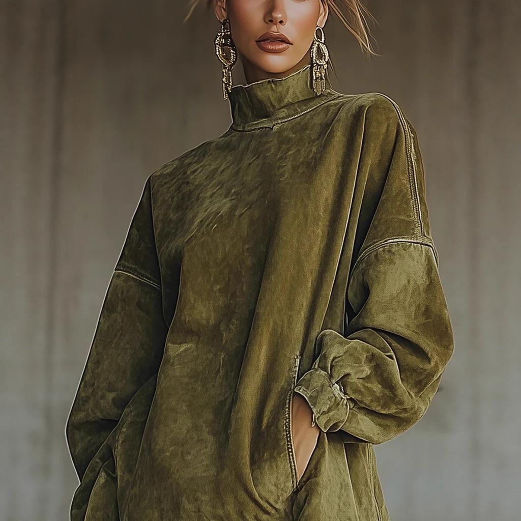 Oversized Turtleneck Fringe Hem A-Line Suede Tunic Dress