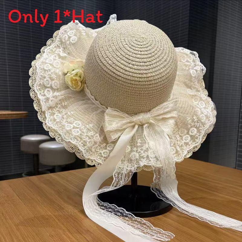 Weaving Lace Bow Sun Hat With Wide Brim For Beach And Vacation