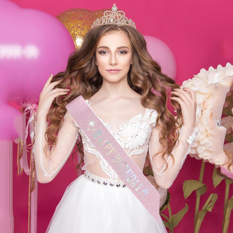 Happy Birthday Party Crown Hair Band Crystal Headwear Hair Accessory Gold Onion Cloth Belt Sash