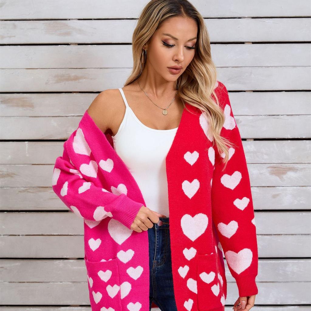 2025 Herbst Neuheit Splicing Strick Valentinstag Tasche Langer Cardigan Liebe Pullover