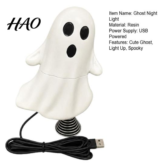 Spooky Home Decorations Cute Ghost Night Light with Spring Base, USB Powered Mini Halloween Unique Holiday Gifts Tree Topper LED for Party,