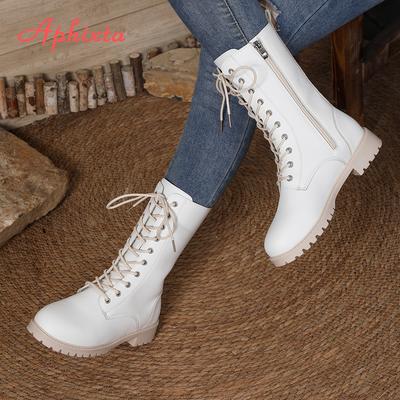 Mode Aphixta Schnürstiefel Mid-Calf Damenstiefel Klassische runde Zehenpartie Damenstiefel 3,5 cm hohe Absätze Damen Herbststiefel Schuhe für Frau