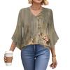 Women's Fashion Casual Seven-minute Sleeve Vintage Floral Print Top V-neck T-shirt Flared Sleeve Shirt