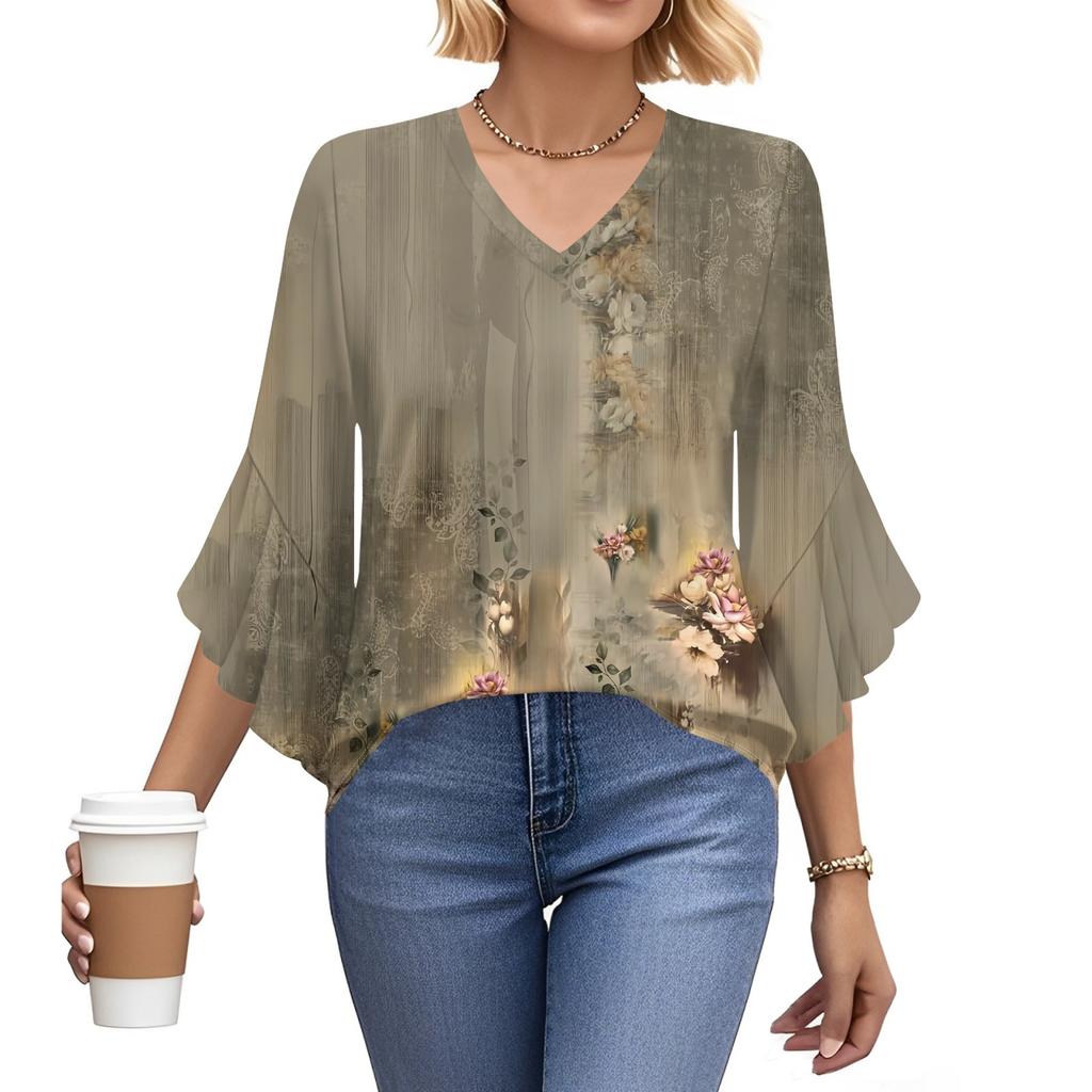 Women's Fashion Casual Seven-minute Sleeve Vintage Floral Print Top V-neck T-shirt Flared Sleeve Shirt