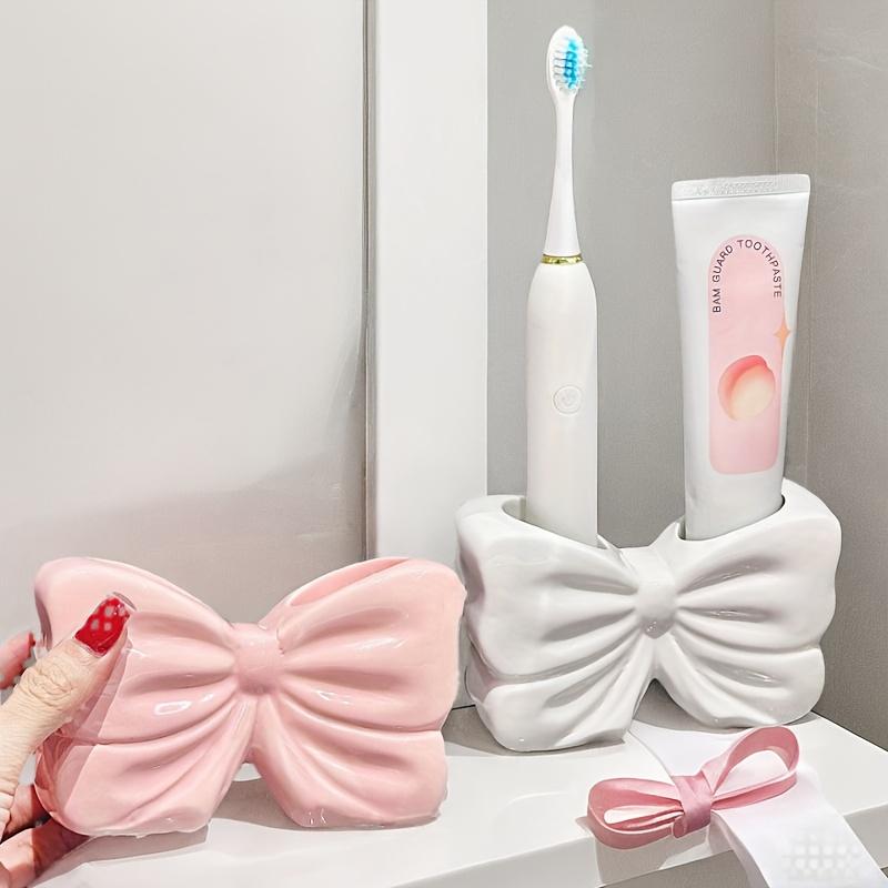 Charming Bow Ceramic Toothbrush Holder - Portable, Drill-free Bathroom Storage for Toothbrushes and Toothpaste
