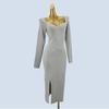 Export Single Fashion Wind Pure Color Split Long Sleeve Slim-Fit Figure Flattering Sheath Mid-Length Knitting Dress Sweater Female