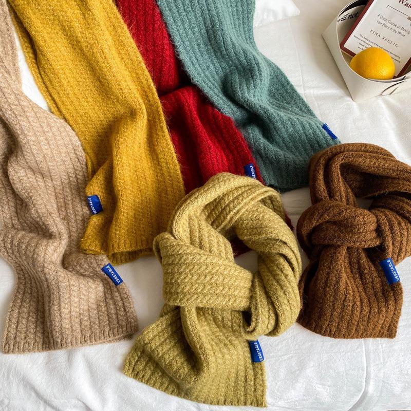 Wool knitted wool small scarf women's winter beige versatile couple solid color short scarf men's thin narrow
